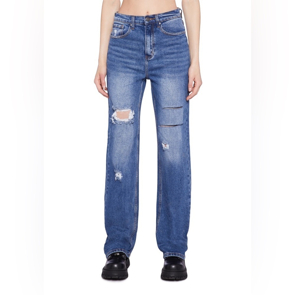 Distressed High Rise Straight Denim Jeans - Dark Blue size 5/26